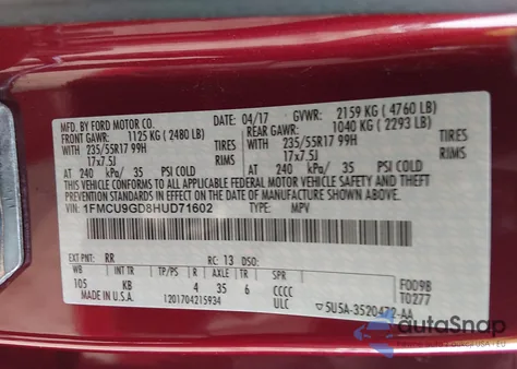 2017 Ford Escape Se из США, поврежденный, VIN 1FMCU9GD8HUD71602